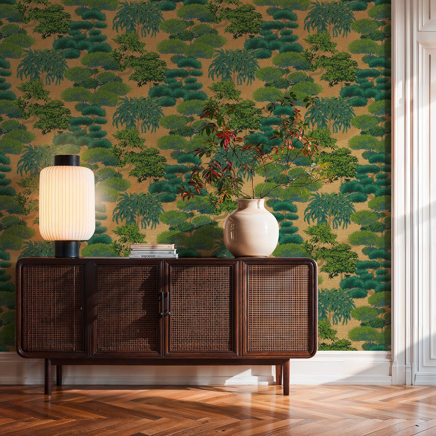 Woodland Wonder Wallpaper in Greens and Teal on Gold
