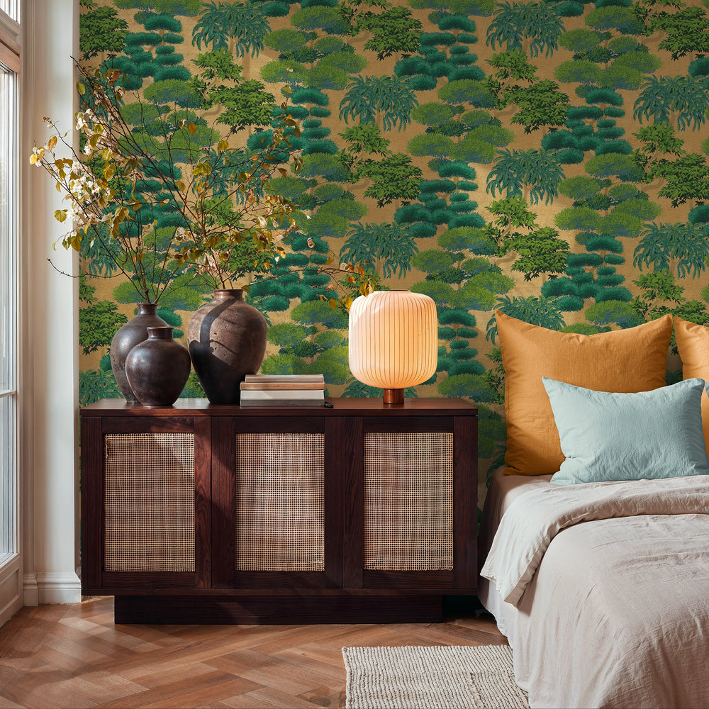 Woodland Wonder Wallpaper in Greens and Teal on Gold