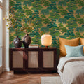 Woodland Wonder Wallpaper in Greens and Teal on Gold