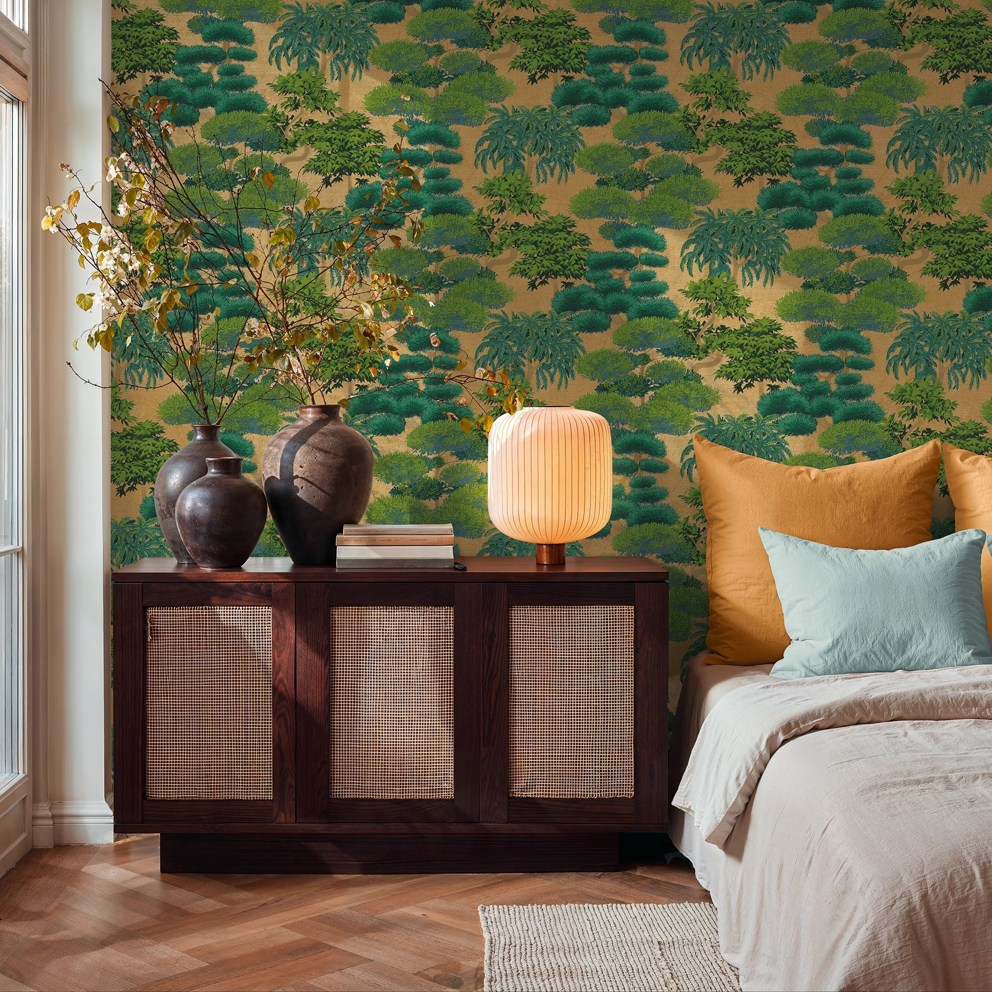 Woodland Wonder Wallpaper in Greens and Teal on Gold
