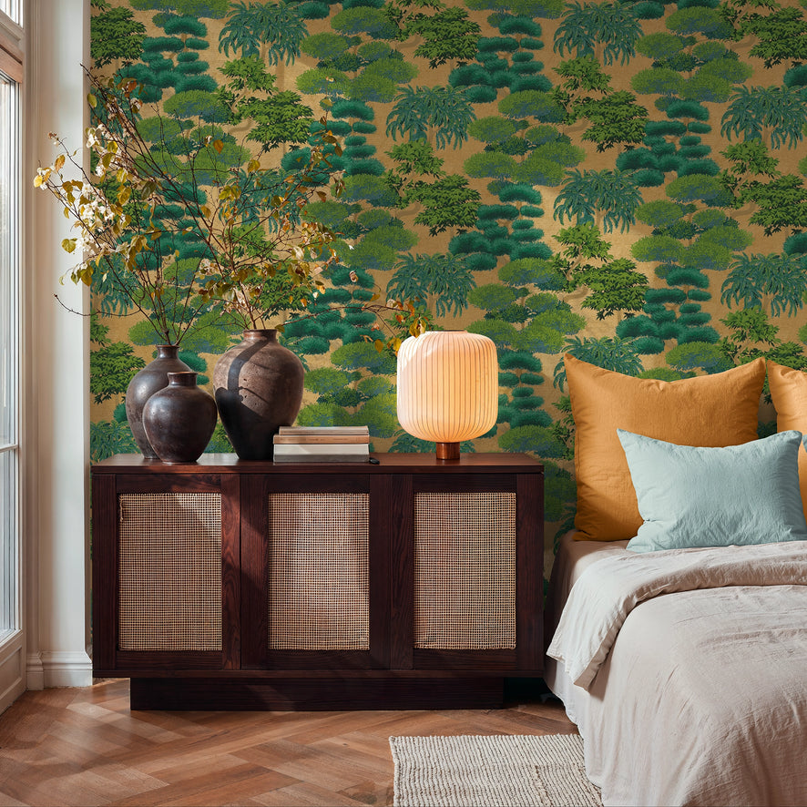 Woodland Wonder Wallpaper in Greens and Teal on Gold