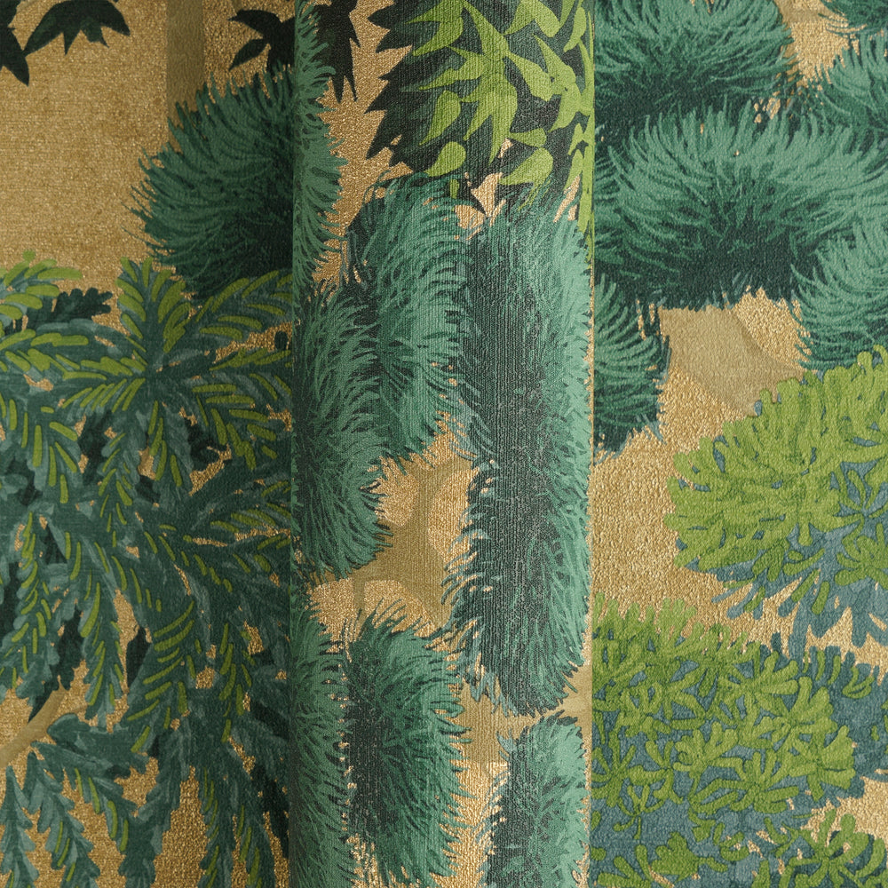 Woodland Wonder Wallpaper in Greens and Teal on Gold