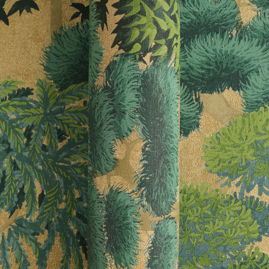Woodland Wonder Wallpaper in Greens and Teal on Gold