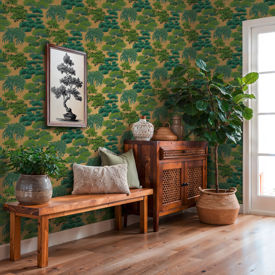 Woodland Wonder Wallpaper in Greens and Teal on Gold