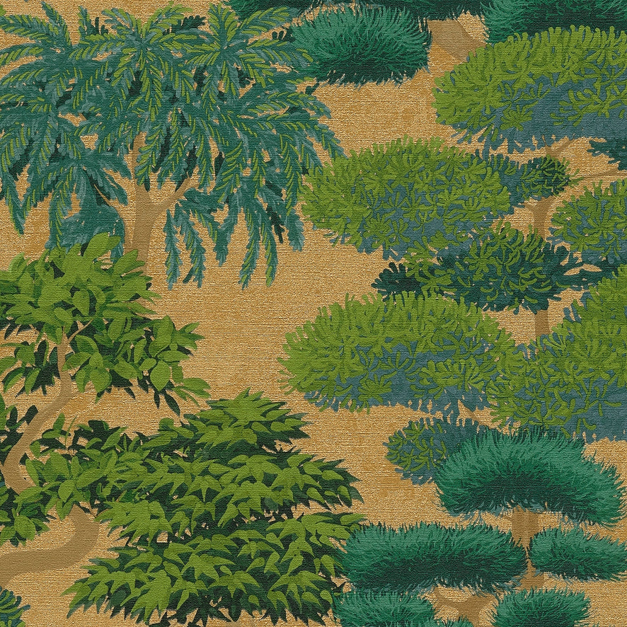 Woodland Wonder Wallpaper in Greens and Teal on Gold
