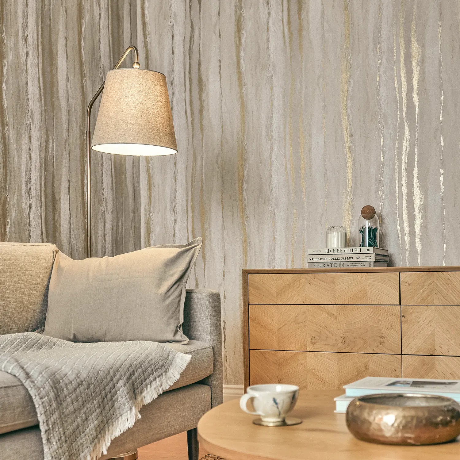 Zurich Metallic Wallpaper Cool Grey with Metallic Gold