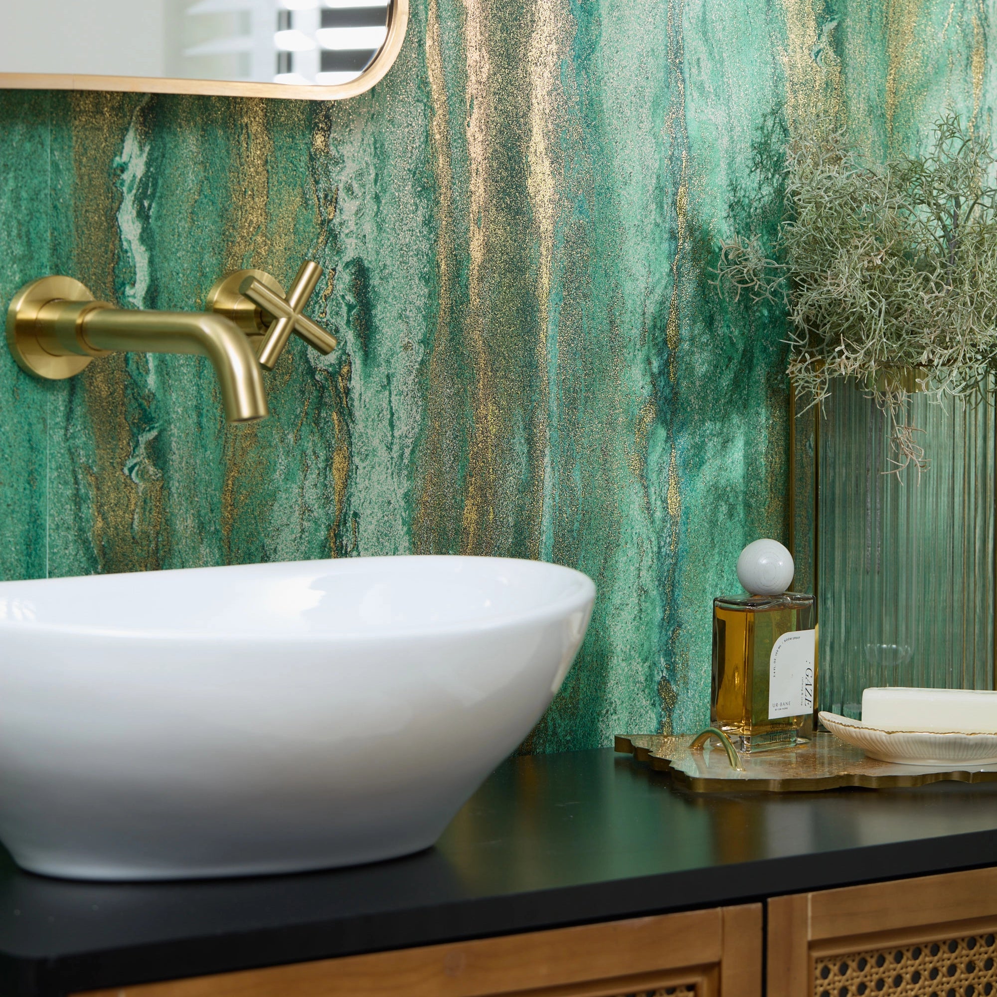 Zurich Metallic Wallpaper in Emerald and Metallic Gold