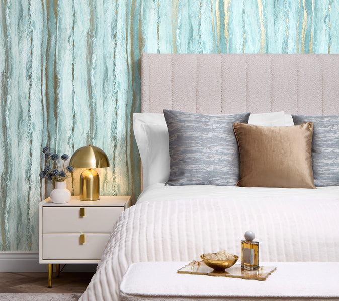 Zurich Metallic Wallpaper in Turquoise and Metallic Gold