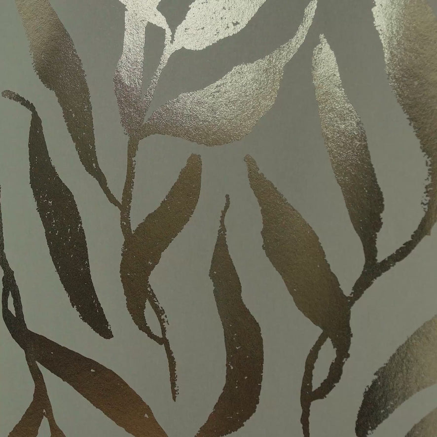Olive Leaf Wallpaper in Sage Green with Gold Foil