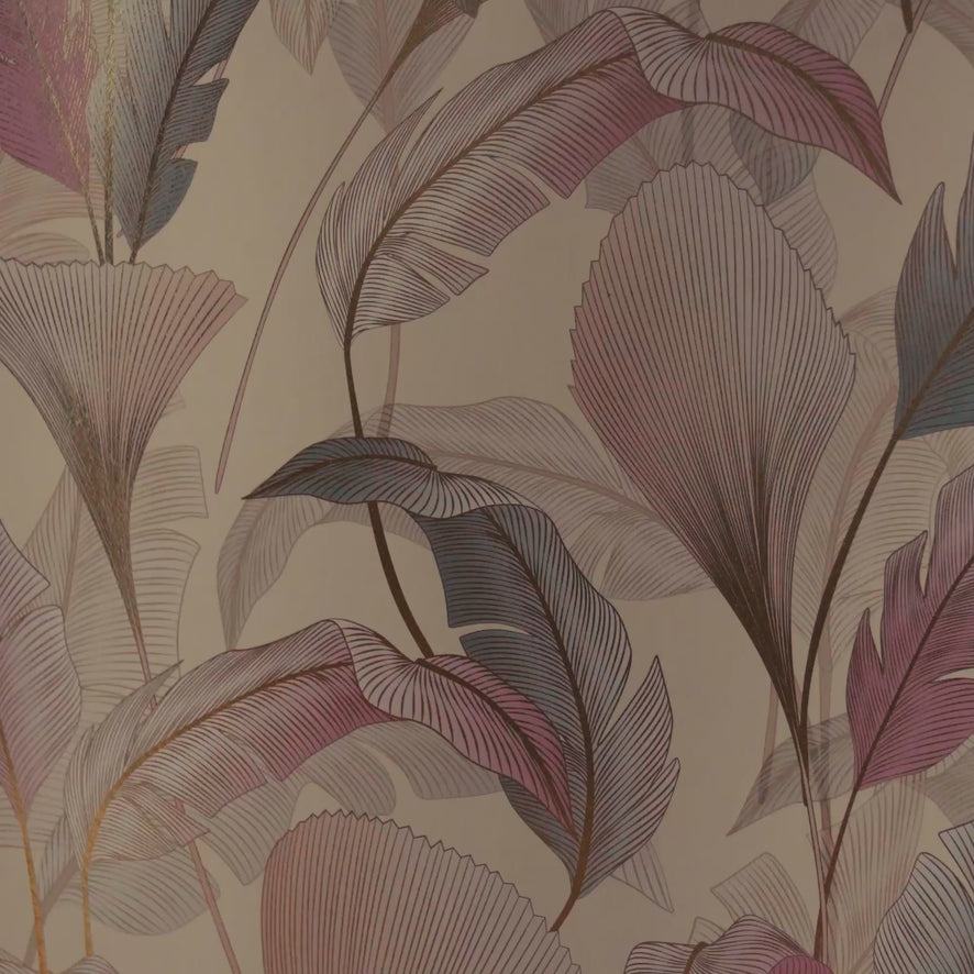 Elegant Leaves Wallpaper in Soft Pinks and Greens on Cream with Gold Foil